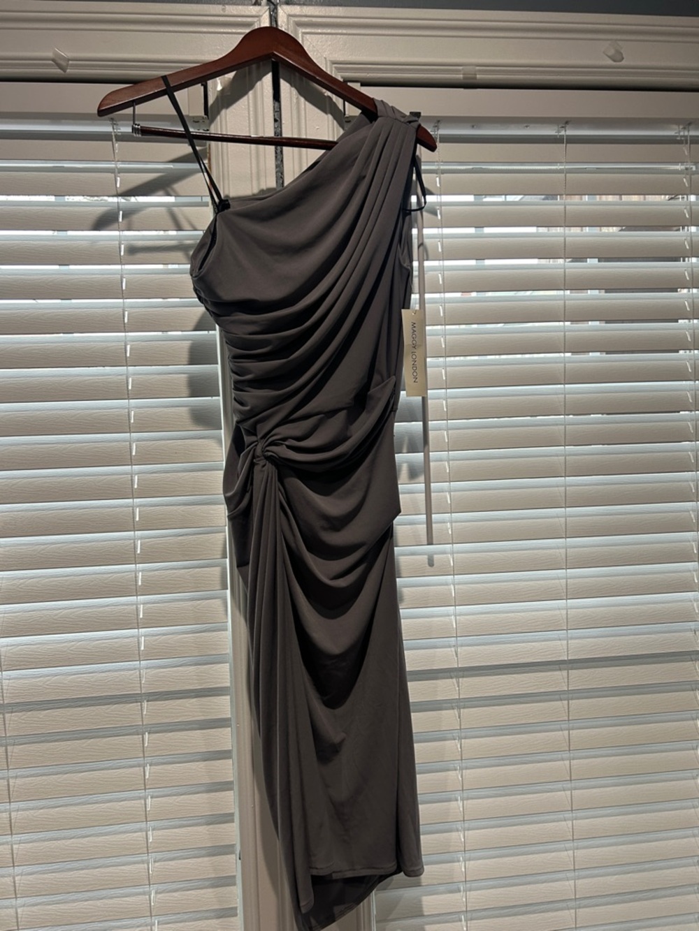 Maggy London One-Shoulder Ruched Dress in Charcoal